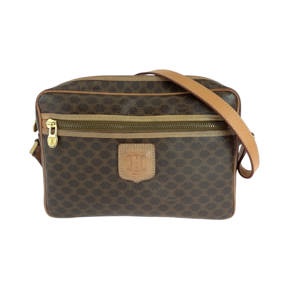 CELINE Vintage Macadam Pattern Brown Gold Hardware Shoulder Bag Pochette Women's - Picture 1 of 10
